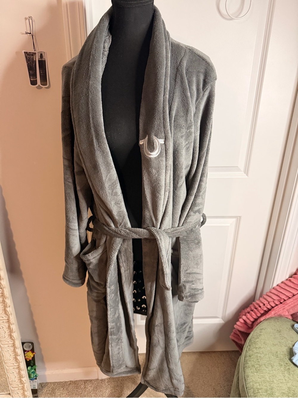 True Religion Plush Gray Shawl-Collar Robe with Belt